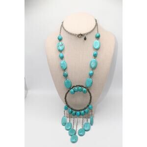 Chico's Turquoise Statement Necklace Long Silver Tone Pendant 32"